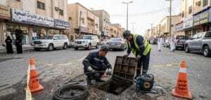 فني تسليك مجاري بالرياض يستخدم معدات حديثة لتنظيف بيارة منزلية.