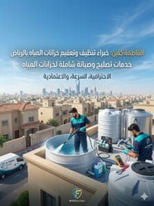 تنظيف خزان علوي باستخدام ماكينة ضغط المياه العالي (جت) لإزالة الشوائب العالقة.